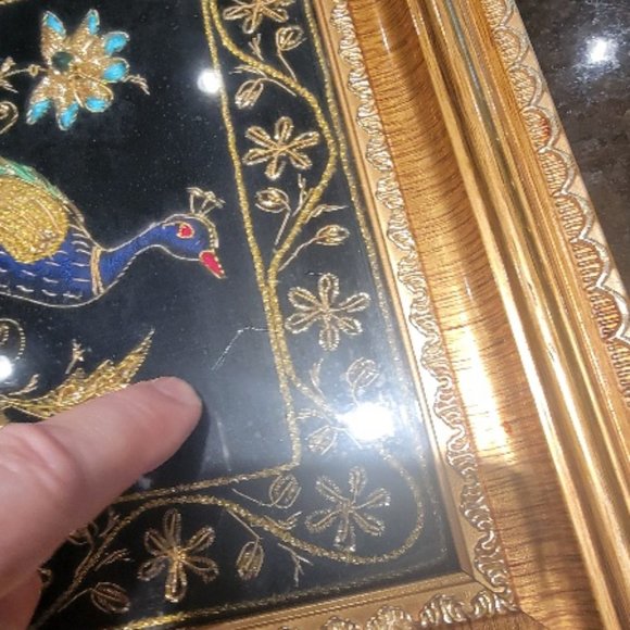 Silk Thread Embroidered Peacock Design Wall Panel Home Decor - Picture 6 of 9